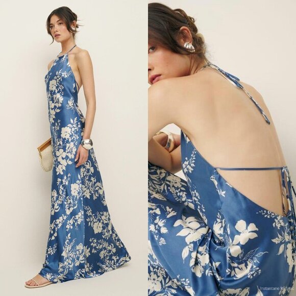 Reformation Jeany Silk Maxi Dress In Cyanotype - Picture 1 of 7